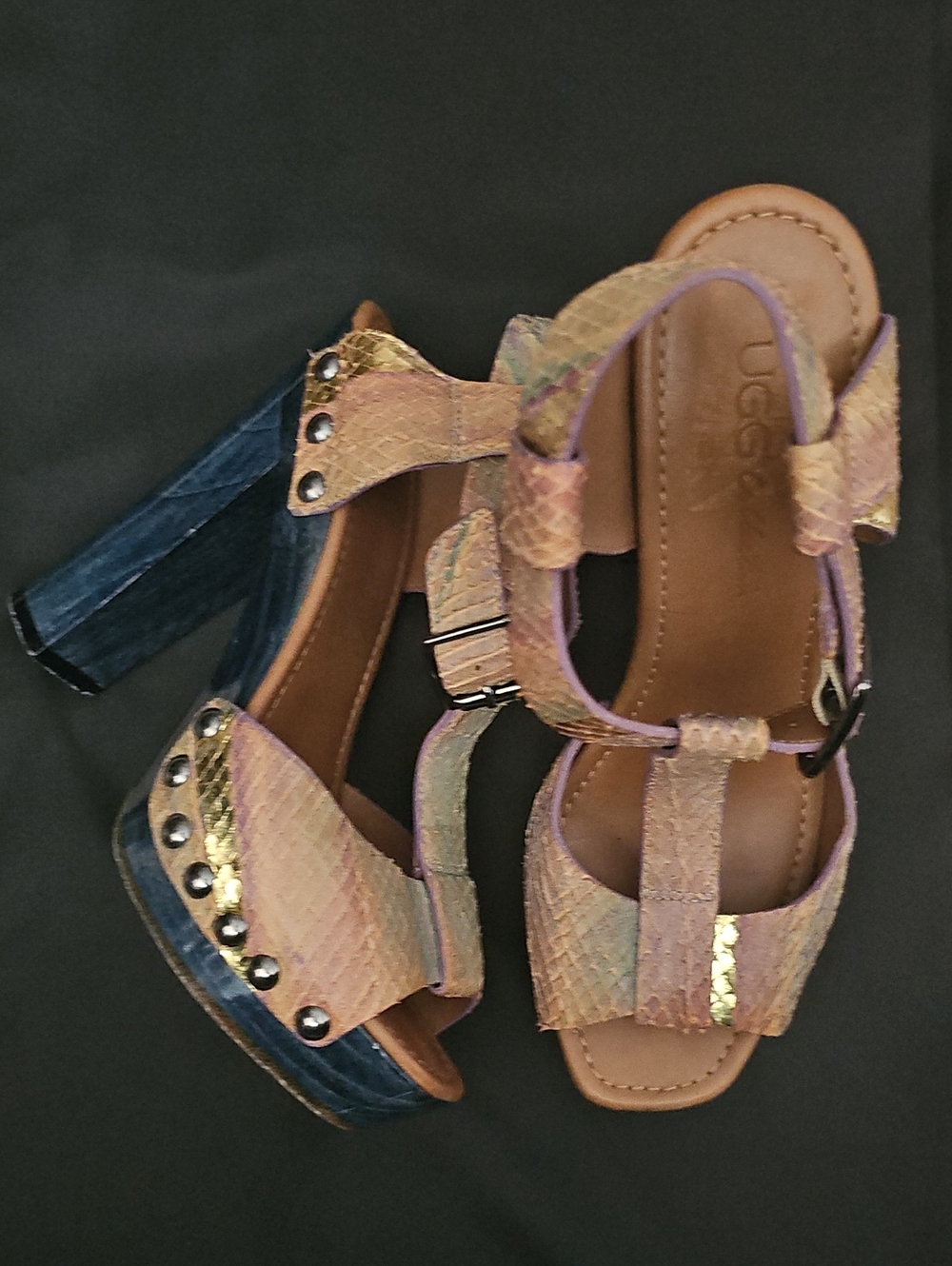 UGG Multicolor Iridescent Leather Platform Heels with Gold Accents